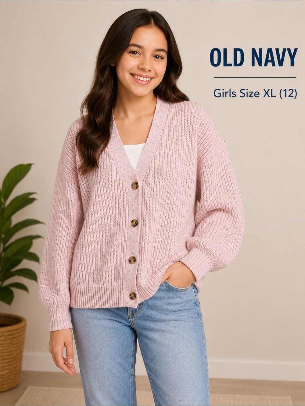 OLD NAVY Pink Button-Up girls crop cozy Sweater/size XL (12)